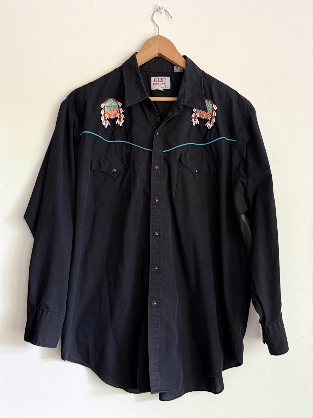 Ely Diamond Western Pearl Snap Shirt Embroidered Thunderbird & Dreamcatcher XXL